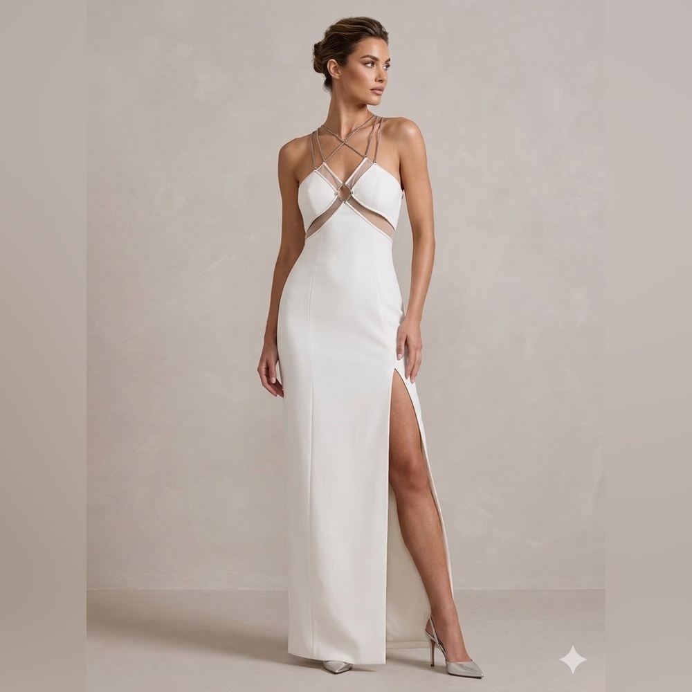Niteline White Backless Dress with Silver Accents